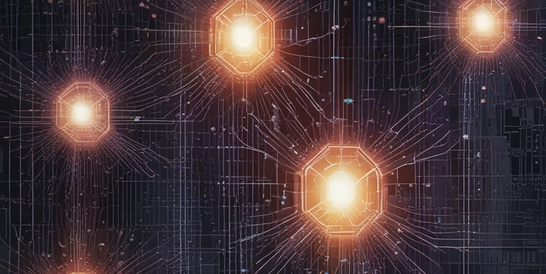 A sleek digital matrix grid overlaid with glowing cloud icons symbolizing cloud services.