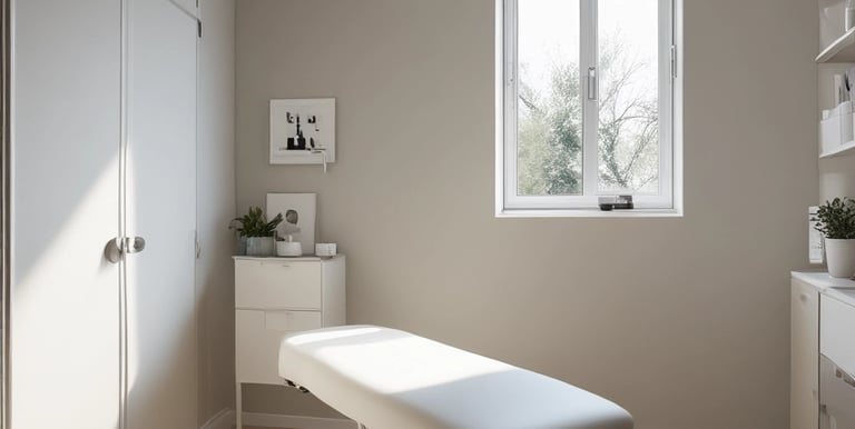 A calm therapy room with a treatment table and soft natural light.