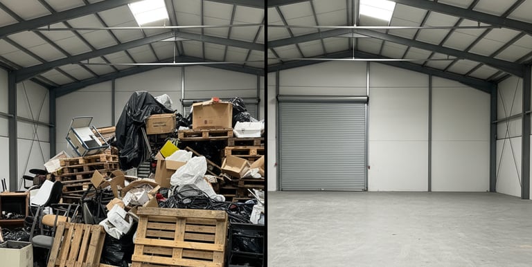 un avant après d'un entrepôt encombré 