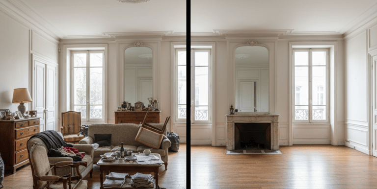 un avant après d'un salon encombré 