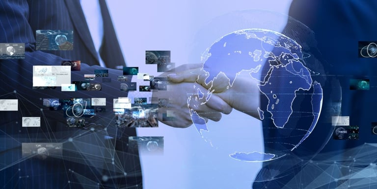 two humans shake hands with overlays of a globe and several AI technologies merging