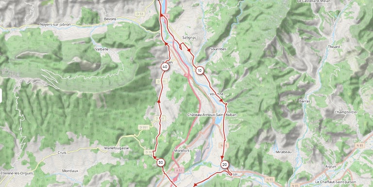 Image du tracé gps du parcours passant pas le 04 vers les mées  