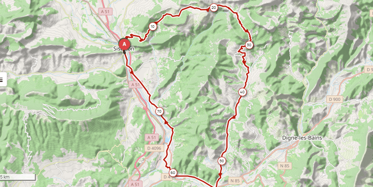 Image du tracé gps du parcours du tour de fontbelle en partant du magasin bike corner sisteron
