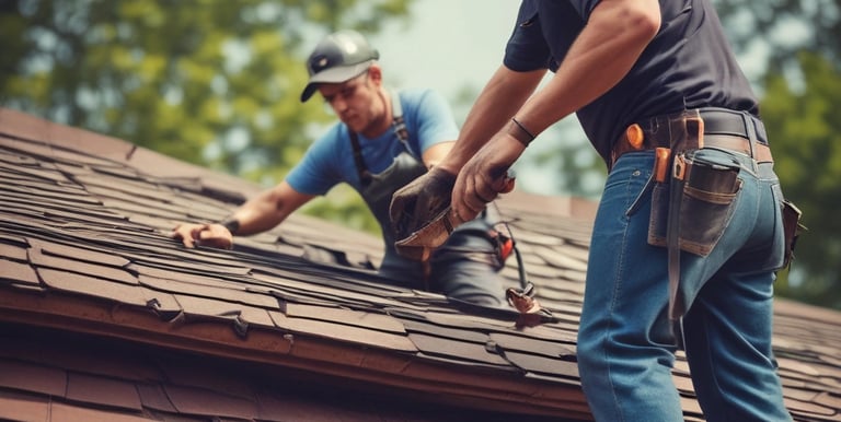 A person is working on a corrugated metal roof, wearing a harness for safety. They appear to be engaged in some kind of maintenance or repair work, holding equipment or tools. The roof is weathered and shows patches of rust and wear.