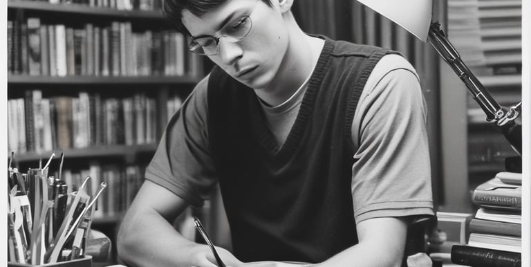 a man sitting at a desk with a pen and pencil
