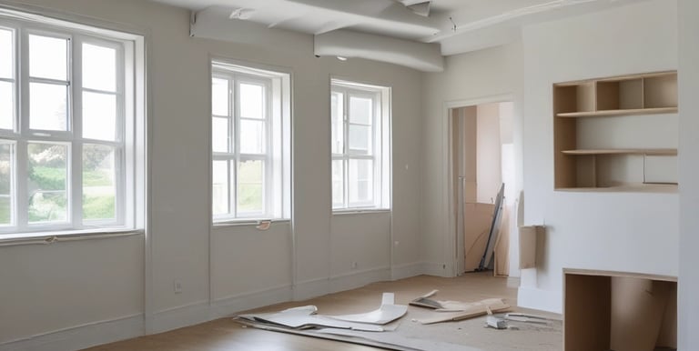 A large construction site with a modern multi-story building under renovation. A yellow crane is positioned near the building, and several workers in safety gear are visible on the rooftop, indicating ongoing construction work. Scaffolding is set up along the side of the building. The scene is sunlit under a clear blue sky.
