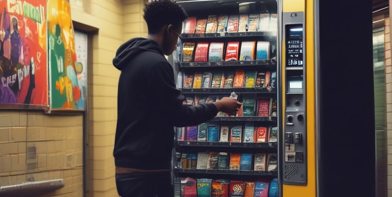 A vending machine stands on the right side of the image, next to a recycling bin. It's situated against the backdrop of a building with a grid-pattern facade. Most of the image is in shadow, giving a stark contrast between the lit vending machine and the dark foreground.