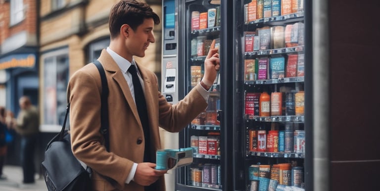 A vending machine filled with neatly arranged books is situated outdoors. There is a digital display above the machine showing text in a language that appears to be Chinese. Next to the machine is a panel with information and instructions, possibly related to how to operate it.