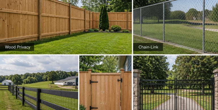 Collage of residential fencing options including wood privacy, chain-link, farm fence, walk gates, and driveway gates.