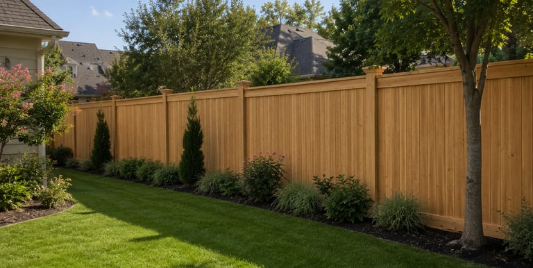 A tall cedar wood privacy fence bordering a lush green lawn and garden landscaping.