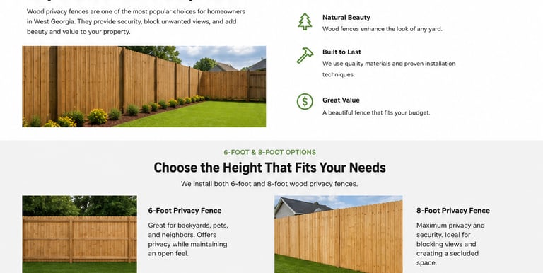 Wood privacy fence installation services in West Georgia showing 6-foot and 8-foot cedar fencing options.