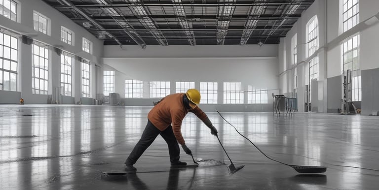 An interior space appears to be under renovation, featuring a large, decorative marble wall with an intricate pattern. Scaffolding, tools, and materials are scattered throughout the room, including a cart, power tools, and a table. The room is lit by natural light coming through large windows, adding to the sense of openness.