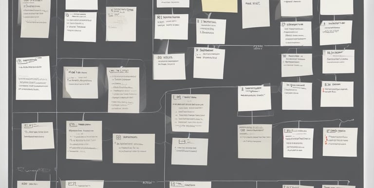 Three people are in a meeting room. One person is standing and pointing to a whiteboard filled with diagrams and flowcharts, while the other two are seated at a table with laptops and notebooks. The atmosphere appears focused and collaborative.