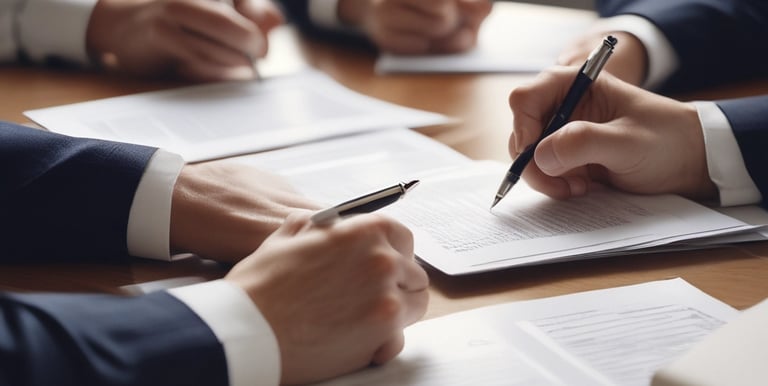 A hand is pointing to a digital interface displaying translucent images of business professionals. In the background, there are blurred figures of people standing in what appears to be a modern office or public space.