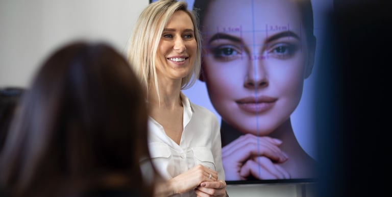 Darina Sendrau impartiendo un curso de simetría facial y maquillaje permanente utilizando una pantal