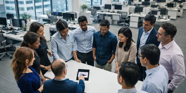 Diverse business team collaborating around a digital tablet in a modern open-plan office.