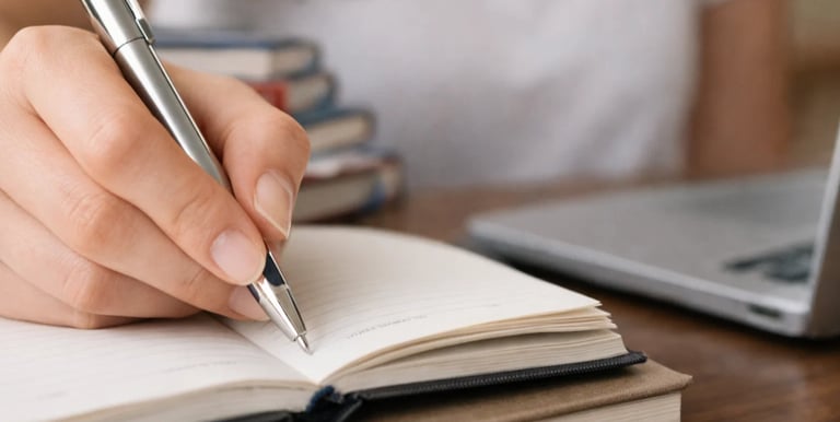 A person writing in a notebook with a silver pen next to a laptop and a stack of books.
