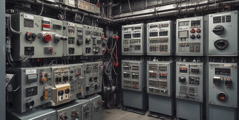 Coiled electric cables and modern lighting equipment arranged neatly in a warehouse