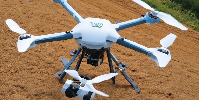 A drone equipped for seeding applications in a farm.