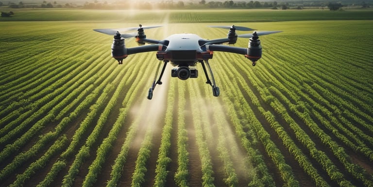 A drone spraying crops in a vast agricultural field.