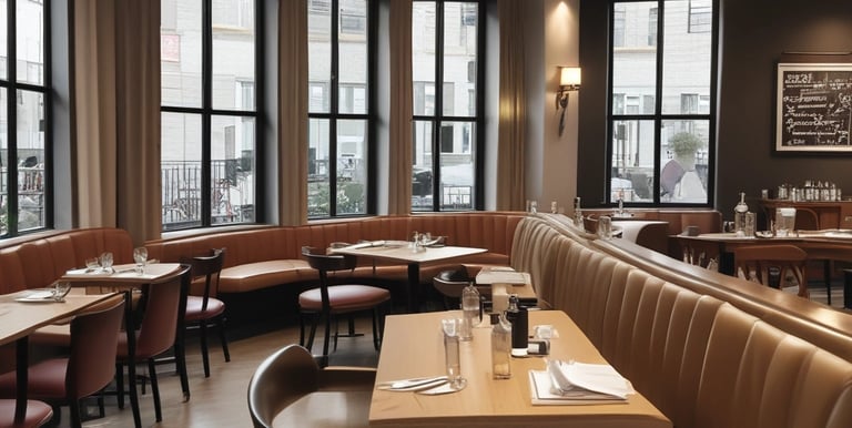 An outdoor restaurant seating area with modern decor. There are tables with chairs that have leather cushions, and a large umbrella overhead. Decorative plants are scattered around the space, and in the background, there is a counter area where people are being served.