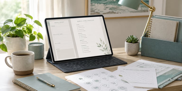 Digital planner on a tablet with a checklist for simple living and home organization.