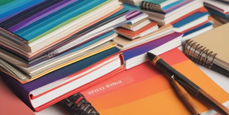 A series of cards labeled 'Brand Positioning' are displayed on a blue surface. The cards have blue and white sections, featuring text about strategic brand concepts. Nearby are a blue pen, a color swatch card, a book with circular patterns on the cover, and a black and blue marker. The arrangement is neat and organized, suggesting a theme of branding and design.