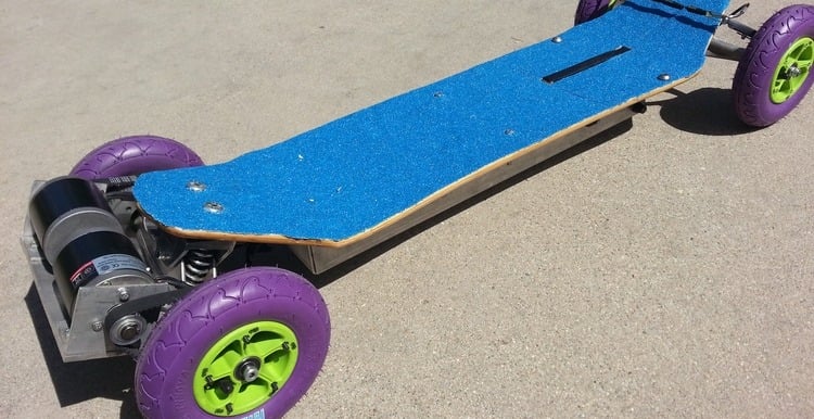 blue electric skateboard with purple wheels