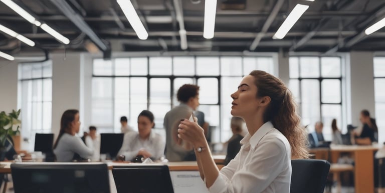 A person wearing a face mask stands in front of an industrial air conditioning unit. The background includes metallic structures and pipes, suggesting an outdoor urban setting. The individual is dressed in a light sweater and carries a bag over one shoulder.