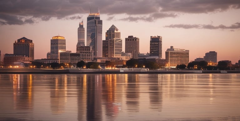 A cityscape with a real estate sign in the foreground, prominently displaying the name and phone number. Surrounding the sign are various buildings with different architectural styles, some with scaffolding and green netting. The scene features a mix of older, worn structures alongside modern glass-fronted buildings. Power lines and construction materials add to the urban complexity.