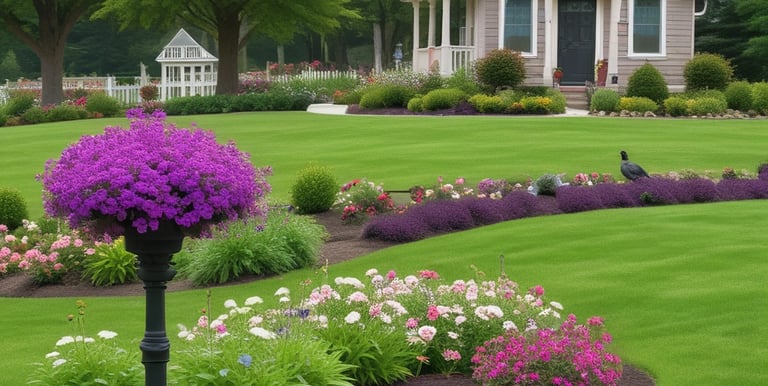 A vibrant green lawn with neatly trimmed grass and colorful flower beds.