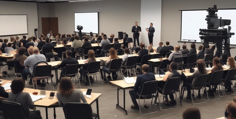 A professional videographer capturing a corporate event with a camera on a tripod.