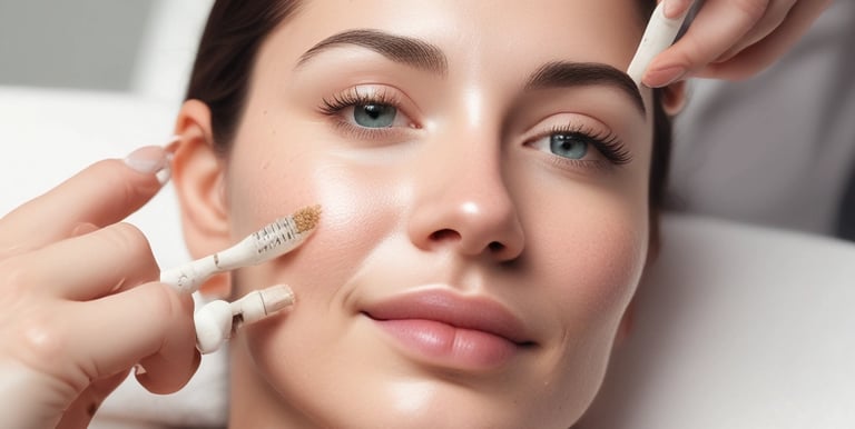 A close-up of hands applying a facial treatment to a client's face.