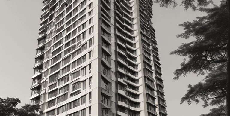 A tall residential building with numerous balconies and windows. Below are street lights, flags, and other buildings, including palm trees in the background. A blue sign reads 'Larsen & Toubro,' adjacent to the main structure.