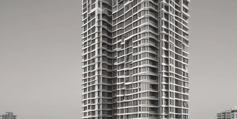 A tall, rectangular residential building with multiple balconies and numerous windows. The structure is surrounded by power lines crisscrossing the scene, and there's a brick wall topped with barbed wire in the foreground. The sky is clear, and a man is visible in the lower right corner, standing near a white vehicle and an auto-rickshaw.