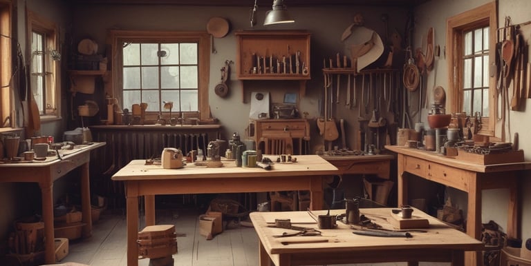 A rustic workshop filled with various antique tools mounted on wooden walls, featuring a prominent wooden sign on a large, weathered plank that reads 'Coffins Guaranteed Fit' adorned with white flowers. The warm tones of the wooden walls and the presence of tools like saws, axes, and hammers create a vintage, historical atmosphere.