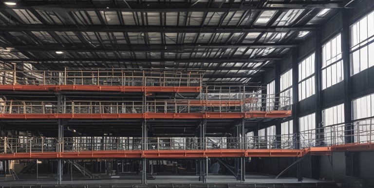 A modern architectural structure featuring intersecting elements made of concrete and weathered steel. The foreground includes a concrete wall with vertical grooves, while above it, a prominent steel beam with a rust-colored facade contrasts against the sky. In the background, part of a crane is visible, indicating a construction area.