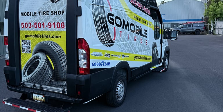 Gomobile Tires branding on the Promaster EV - ready for tire changes