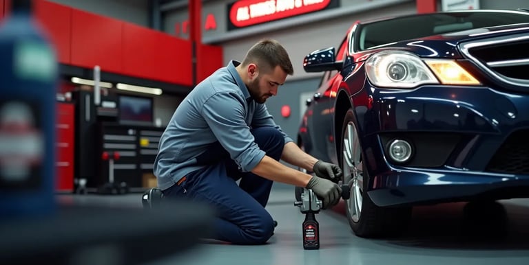 Mechanic working on a car wheel inside a professional auto repair shop for quality service 