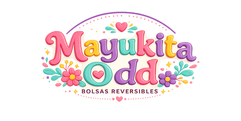Colorido logotipo de Mayukita Odd para bolsos reversibles, con motivos florales y divertidas letras