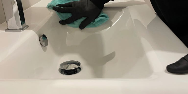 Nettoyage lavabo blanc. Mains avec gants noirs. Chiffon vert