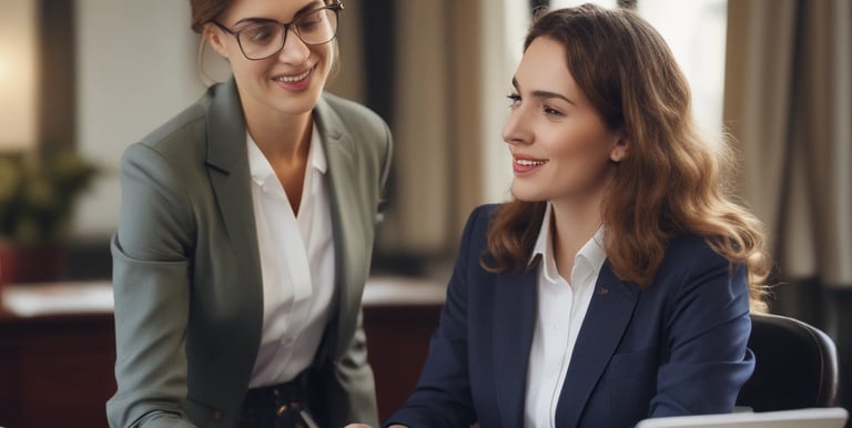 A friendly HR consultant listening attentively to a client in a cozy office setting.