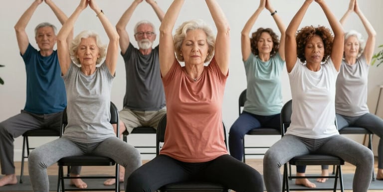A warm classroom setting with seniors engaged in a lifestyle medicine workshop.