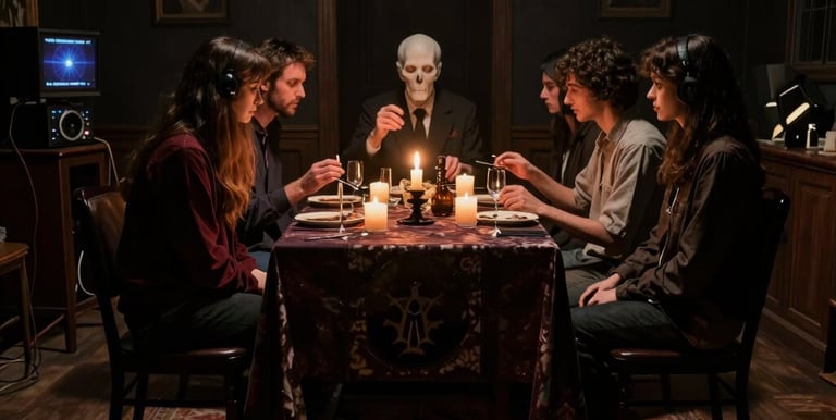 A group of people gathered around an old, eerie mansion at dusk, holding flashlights and EVP recorders.