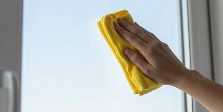 A professional cleaning a large office window with a squeegee on a sunny day.