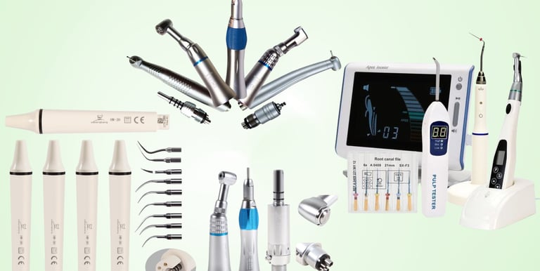 Professional endodontic equipment including dental handpieces, apex locator, and root canal files.
