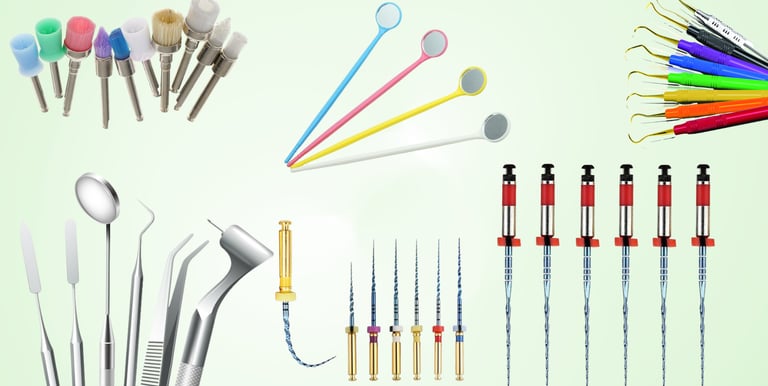 Professional dental tools and equipment including polishing brushes, mouth mirrors, and endodontic files.