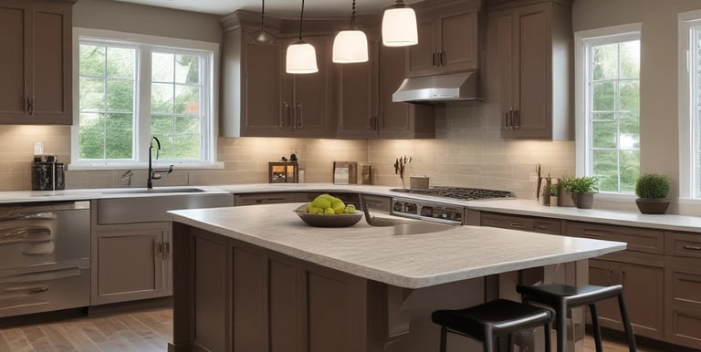 A cozy, modern living room with warm lighting and tasteful decor.