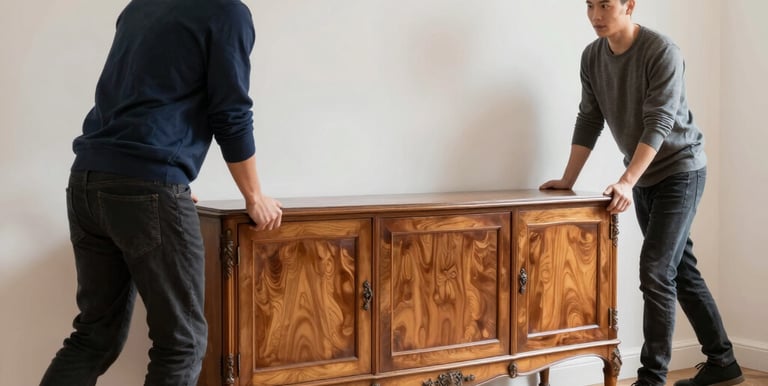 A team organizing and emptying containers outside a residential building.
