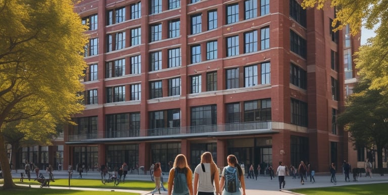A student happily receiving assistance with visa paperwork at a modern office.